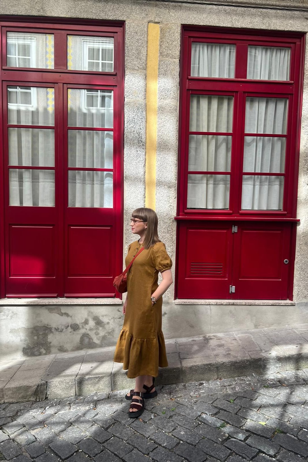 Ethical sustainable fishtail linen dress in mustard